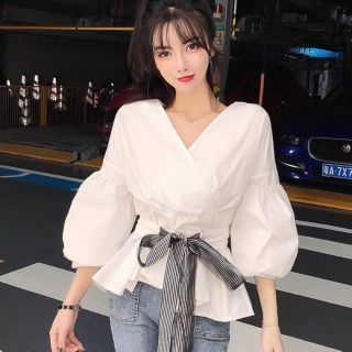 Áo sơ mi nữ tay bồng nơ buộc eo phong cách hàn quốc ( Order)