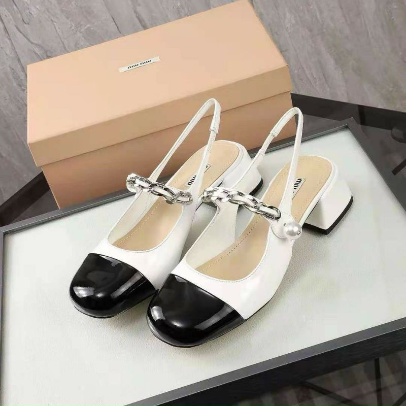 Giày da bóng Miumiuu bản hở gót 3.5p tiểu thư trắng đen có siZe 39