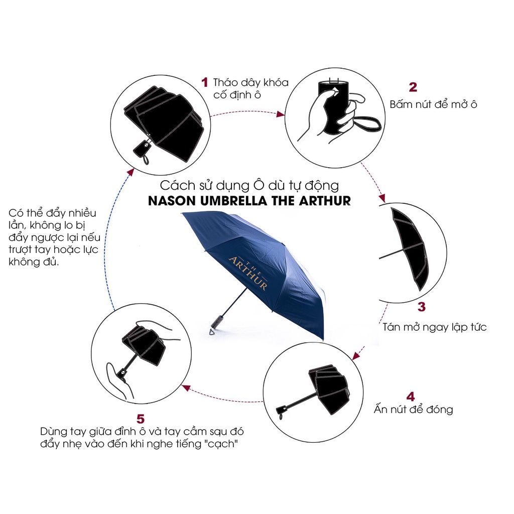 Ô dù tự động thông minh Nason Umbrella The Arthur tự động đóng mở 2 chiều, tay cầm phủ kim loại cao cấp màu Bronzo