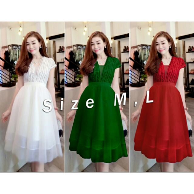 Đầm xòe ren phối lưới giống Lọ Lem