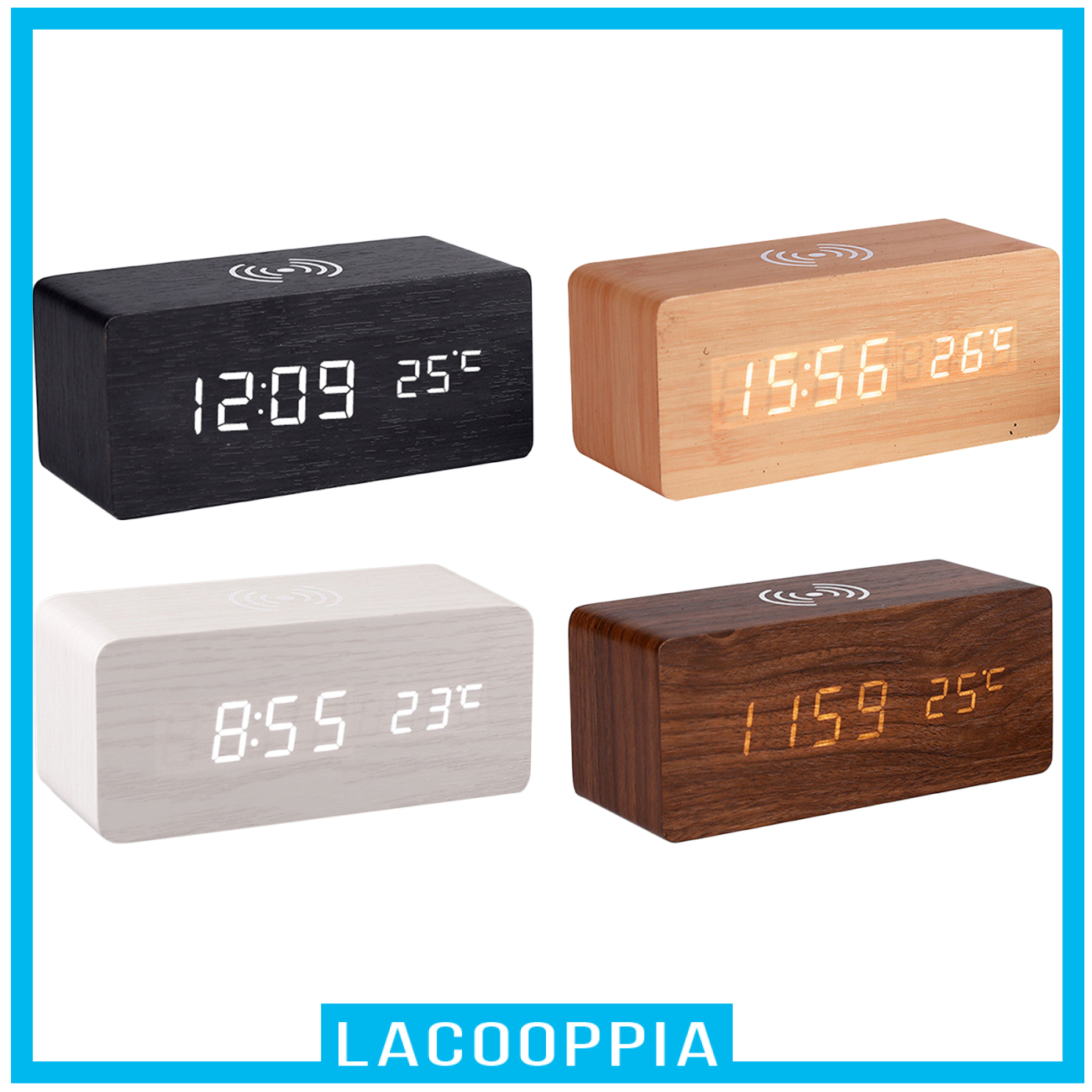 Digital Alarm Clock &amp; Wooden Electronic LED Time Display Temperature Detect