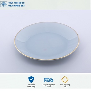 Đĩa tròn nông viền vàng 22K Luxury màu xanh biển Aquamarine Thủy Tinh Ngọc USA Homeset cao cấp nhập khẩu chính hãng