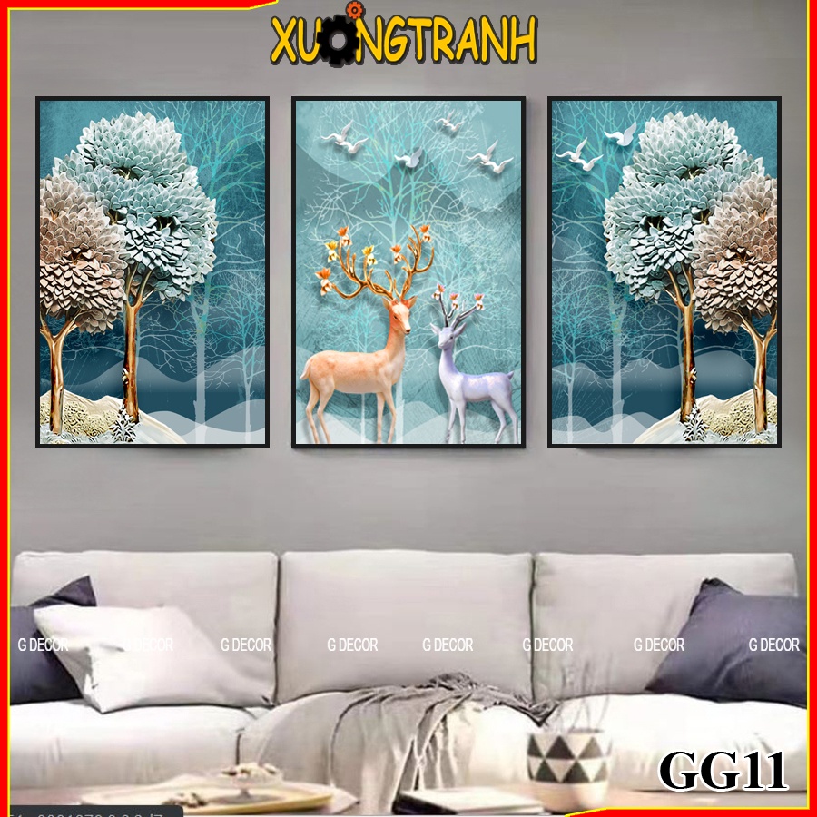 Tranh treo tường canvas 3 bức phong cách Bắc Âu 11, tranh hươu tài lộc trang trí phòng khách, phòng ngủ, phòng ăn, spa