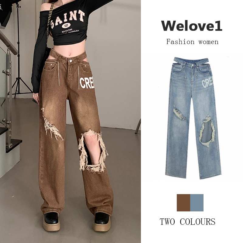 Quần jean dài ống rộng thiết kế rách lỗ thời trang dành cho nữ