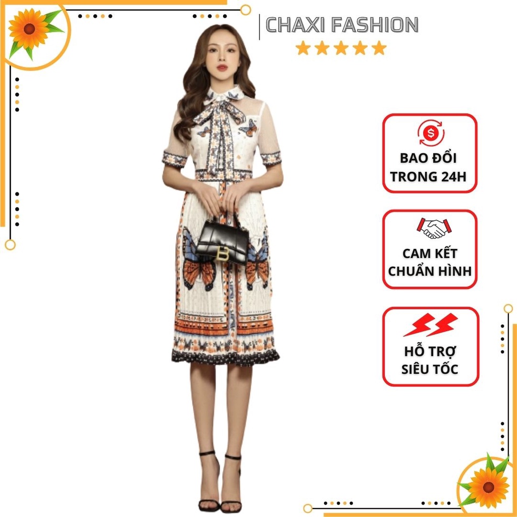 HÀNG NHẬP - ĐẦM XÒE MIDI SƠ MI LỤA HỌA TIẾT BƯỚM CỔ NƠ CAO CẤP - KLCT268420