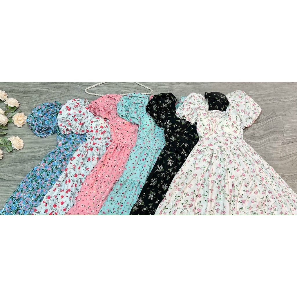 Váy suông hoa nhí tay bồng cổ vuông mút ngực siêu xinh bầu bì bon chen hình thật