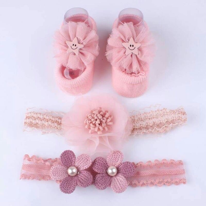 Set 2 băng đô turban và tất vớ chân len cho bé sơ sinh