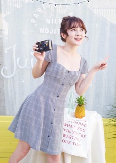 Đầm kẻ nút đen 2 màu (kèm hình thật)