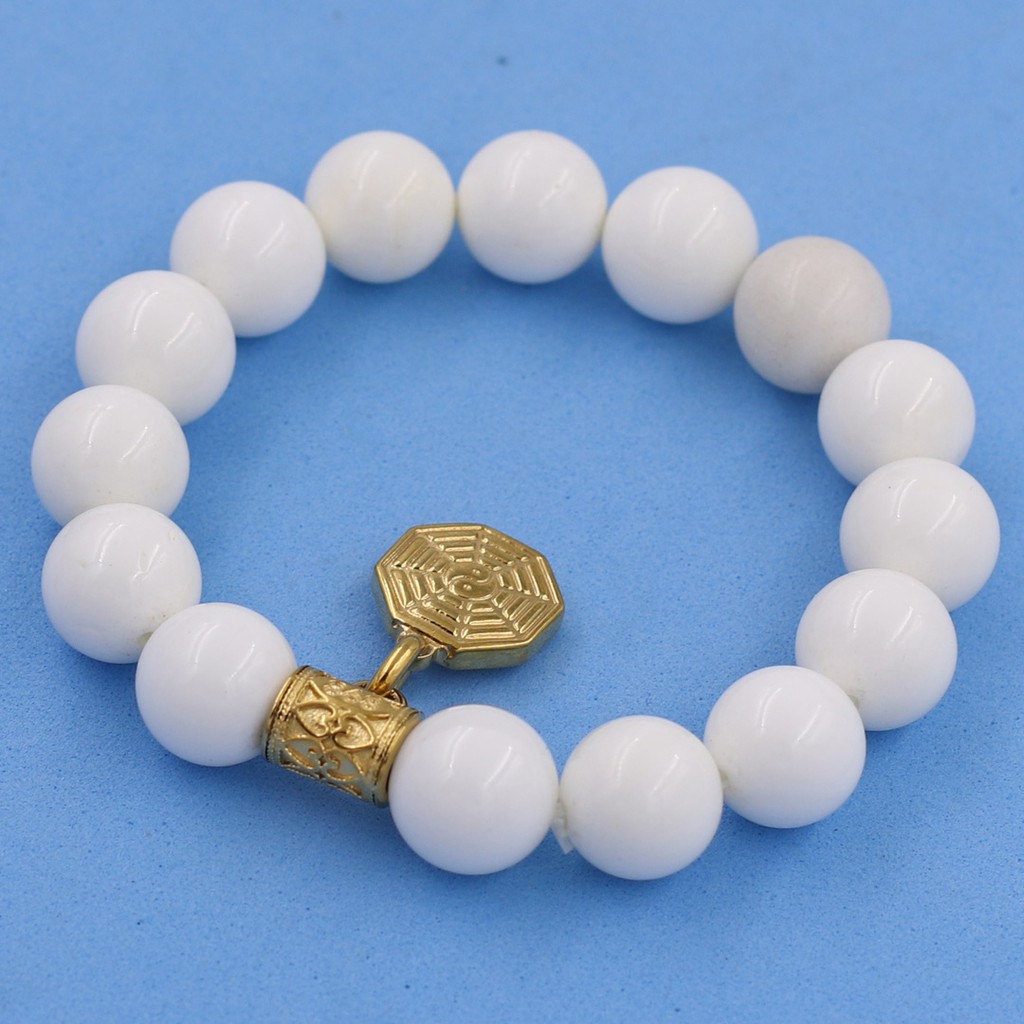 Chuỗi tay San Hô trắng 12 ly - Charm Bát Quái Inox VSHTBQV12 - Hợp mệnh Thủy, mệnh Kim