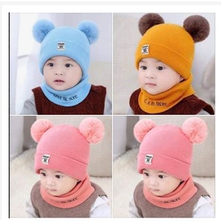 Bộ mũ len kèm khăn quàng cổ cho bé 2 quả bông đáng yêu