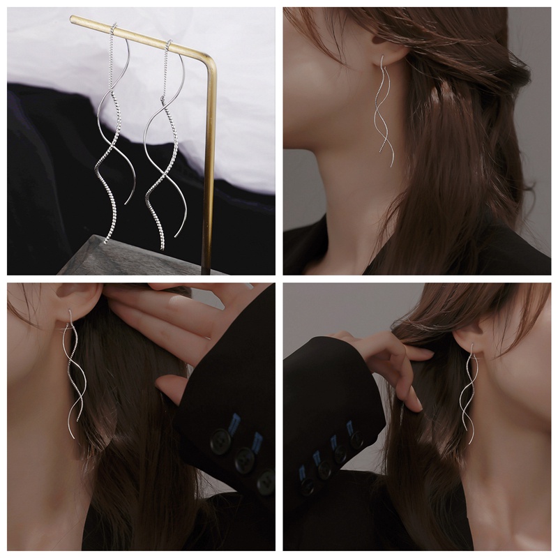 Đôi Khuyên Tai Dài Tua Rua Màu Bạc Gợn Sóng Đơn Giản Thời Trang Cho Nữ|Bông Tai Thả