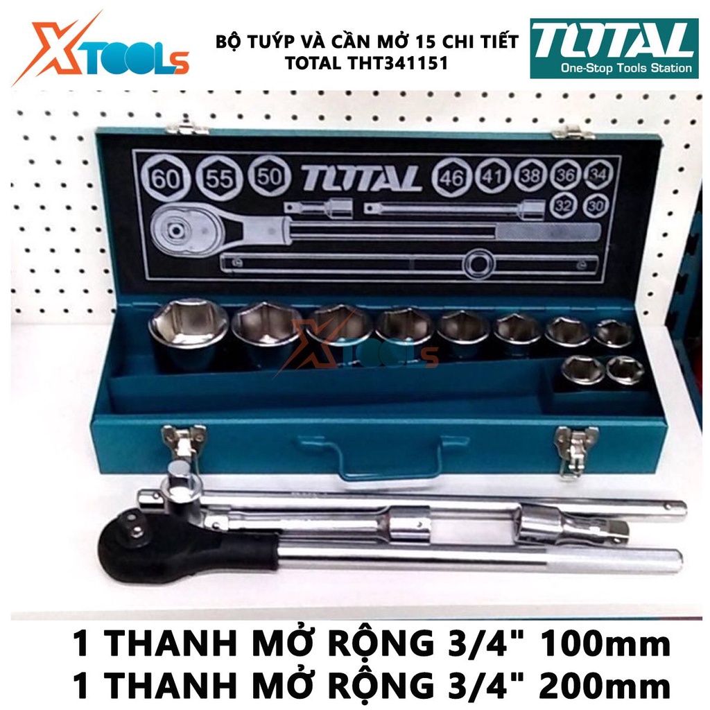 Bộ tuýp và cần mở 15 chi tiết TOTAL THT341151 | Bộ 15 tuýp size 30-32-34-36-38-41-46-50-55-60mm [CHÍNH HÃNG] [XTOOLs]