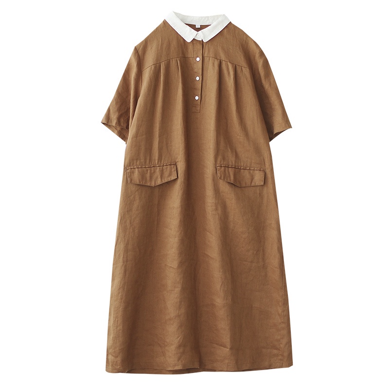 Đầm Lanh Cotton Dáng Dài Cổ Búp Bê Màu Sắc Tương Phản Thời Trang Cho Nữ