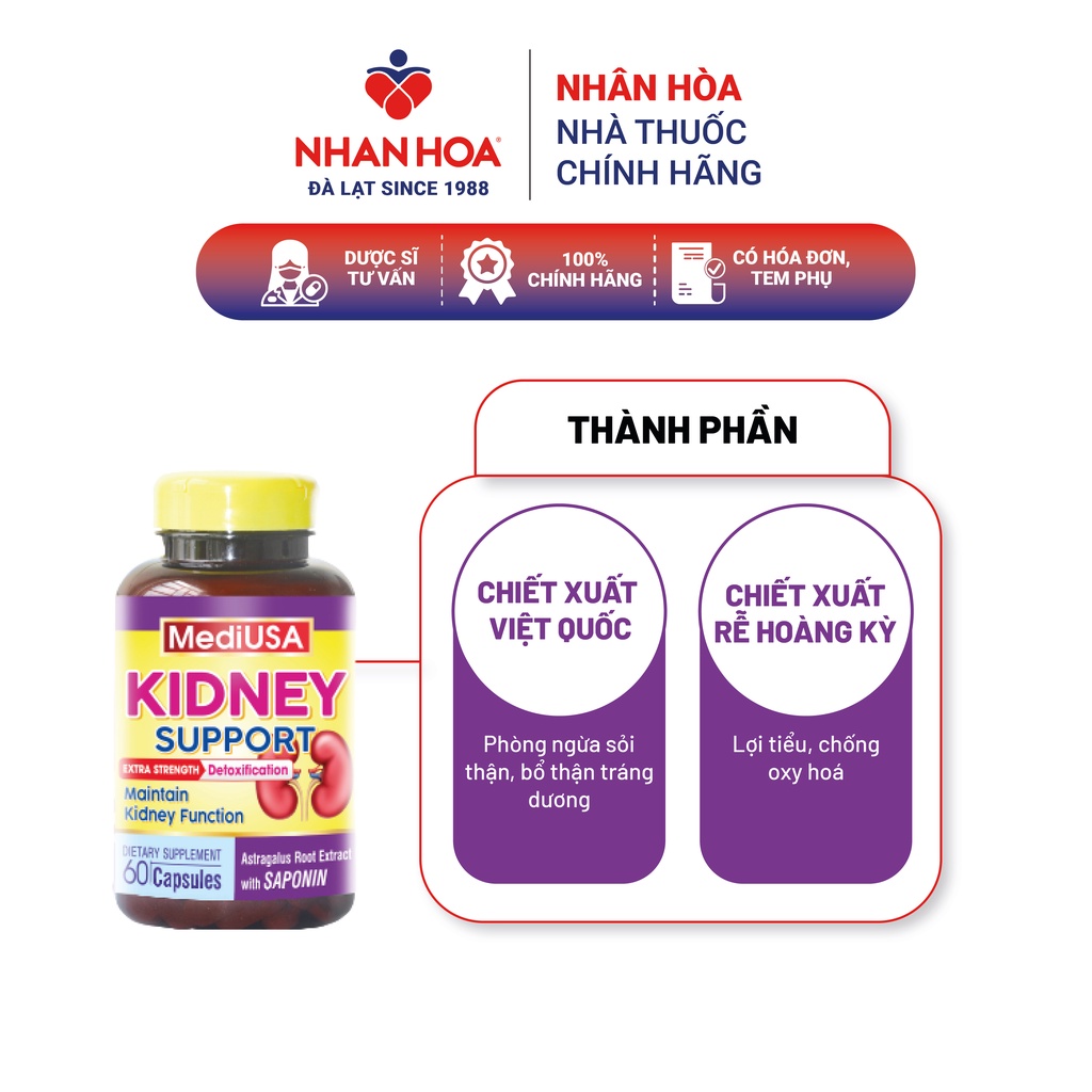 Viên uống bổ thận tráng dương thải độc phục hồi thận Medi USA Kidney Support hộp 60 viên