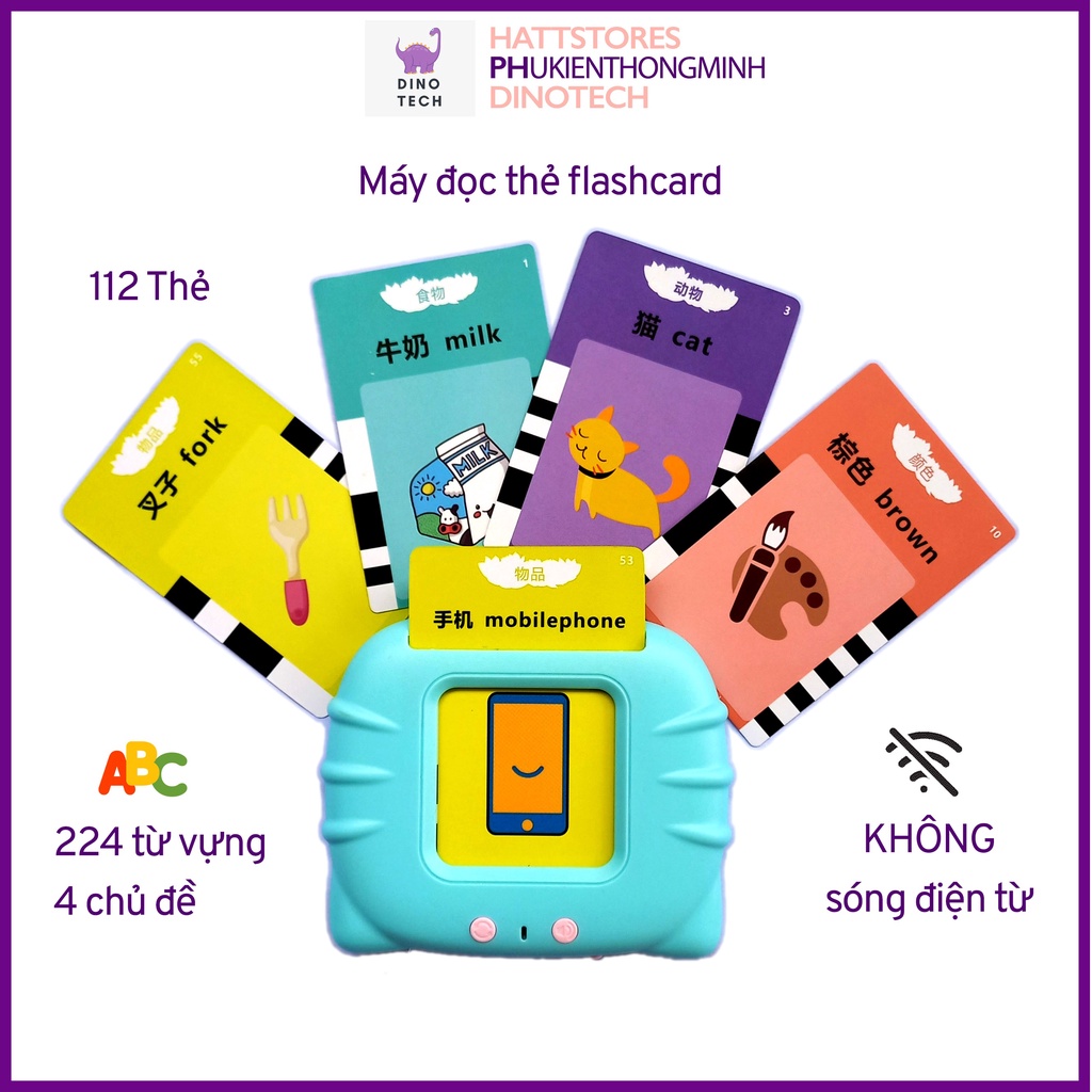 Máy đọc thẻ tiếng anh song ngữ hình con mèo, đọc flashcard từ vựng tiếng anh giáo dục sớm cho bé, 112 thẻ, 224 từ vựng