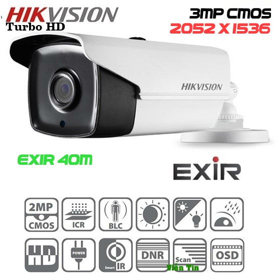 Camera thân trụ HIKVISION DS-2CE16F1T-IT3 ( 3MP 2052H x 1536V) hồng ngoại 40m, chính hãng