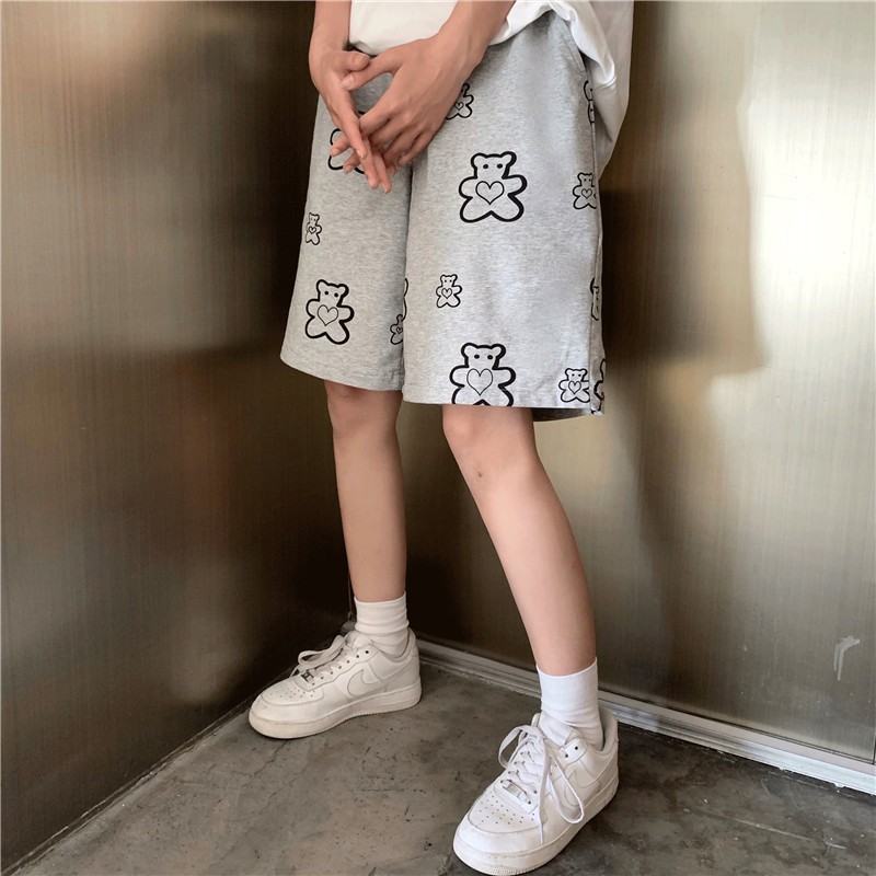 Quần short đùi nam nữ mặc nhà, quần sooc unisex cạp chun in hình gấu QS53