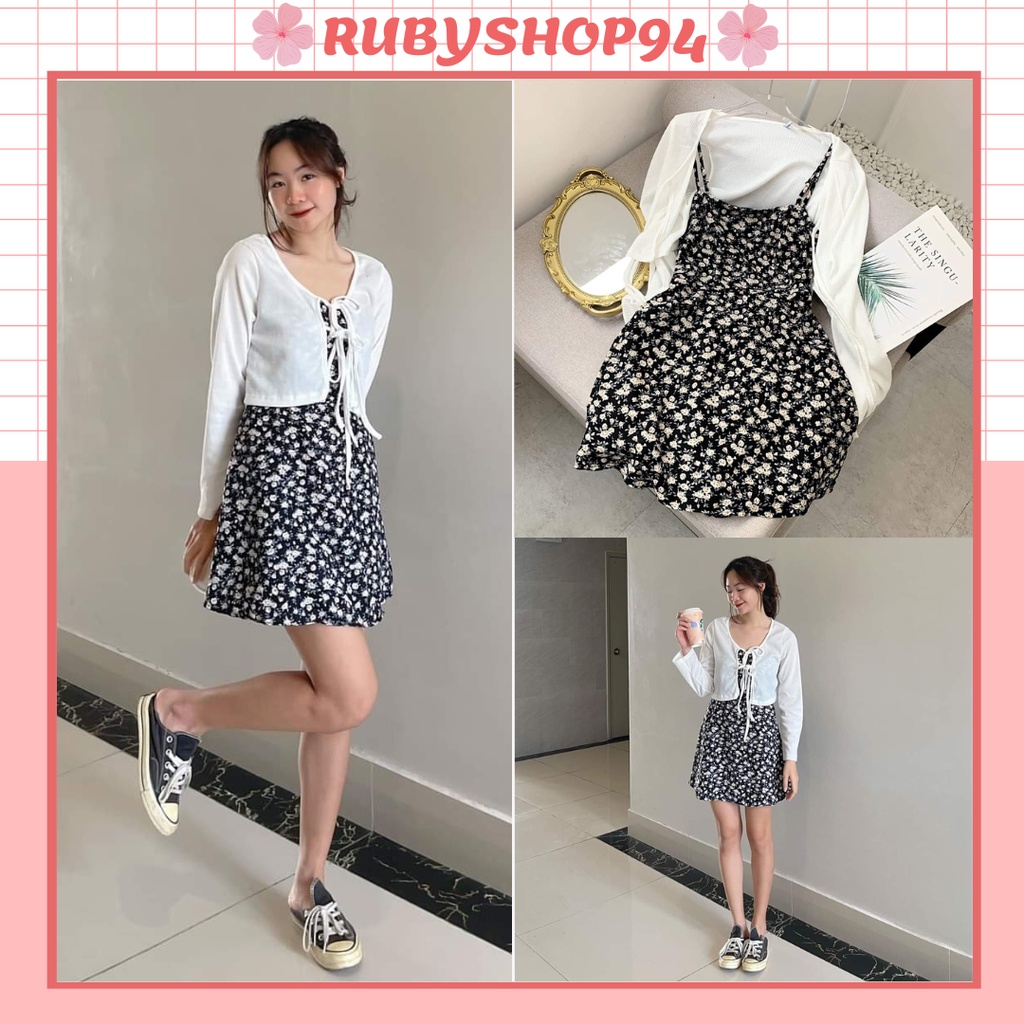 Váy 2 dây hoa nhí chun sau mix áo khoác ngoài cardigan trẻ trung phong cách tiểu thư Hàn Quốc