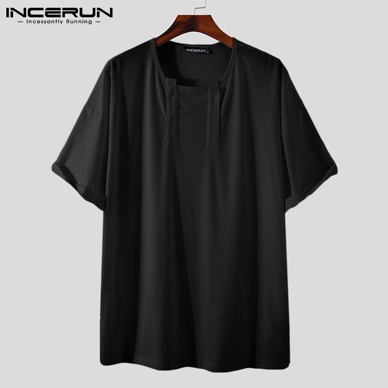 Áo INCERUN tay ngắn màu trơn dáng rộng thời trang dành cho nam