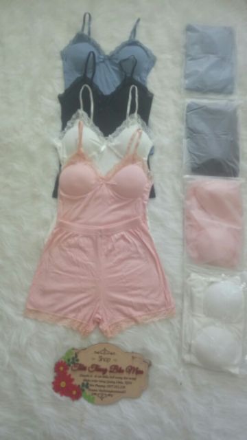 Bộ đồ ngủ nữ 2 dây phối ren có đệm ngực (Hàng có sẵn, video cận chất) | BigBuy360 - bigbuy360.vn