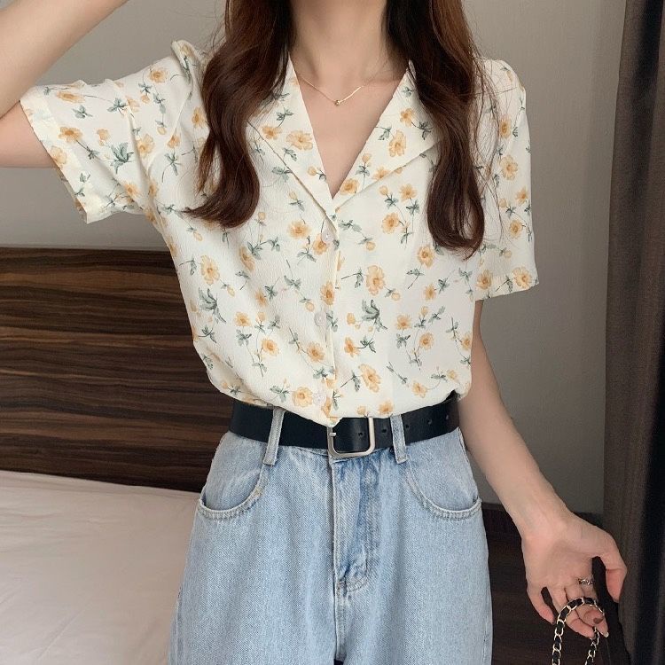 Áo Sơ Mi Chiffon Tay Ngắn In Họa Tiết Hoa Phong Cách Phương Tây Thời Trang Dành Cho Nữ