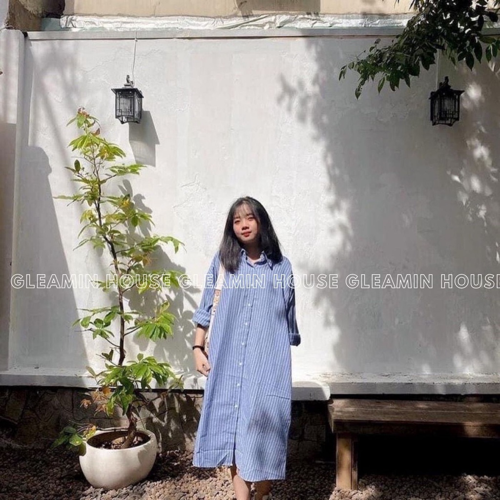 Váy - Đầm sơ mi nữ dáng suông kẻ sọc xanh dài tay kèm đai hai màu đen xanh phong cách Hàn Quốc