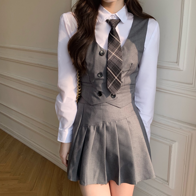 Set bộ đồng phục học sinh áo gile croptop, áo sơ mi tay dài cổ polo, váy xếp ly cạp lưng cao cho nữ đáng yêu kèm cà vạt