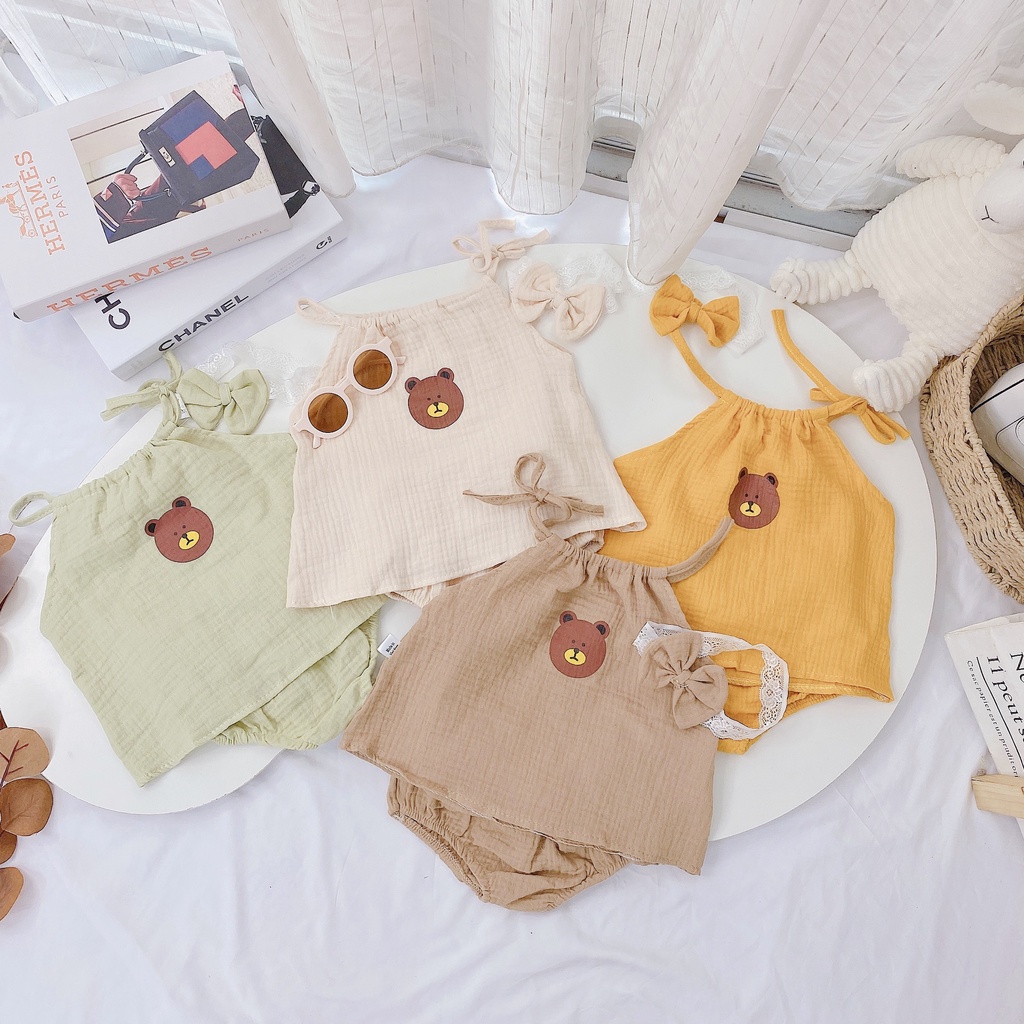 Bộ 2 Dây Kèm Nơ Buộc Hình Mặt Gấu Chất Xô MUSLIN HOT Cực Thích Cho Bé Gái Kiểu Dáng Đáng Yêu Size Từ 6-16Kg