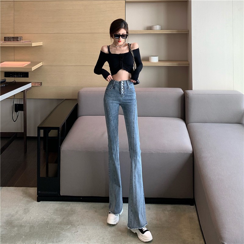 ✨Ready Stock✨Ý nghĩa thiết kế Quần jean nữ phong cách Hồng Kông 2021 mới ống rộng micro-rab màu xanh lam cạp cao, vừa