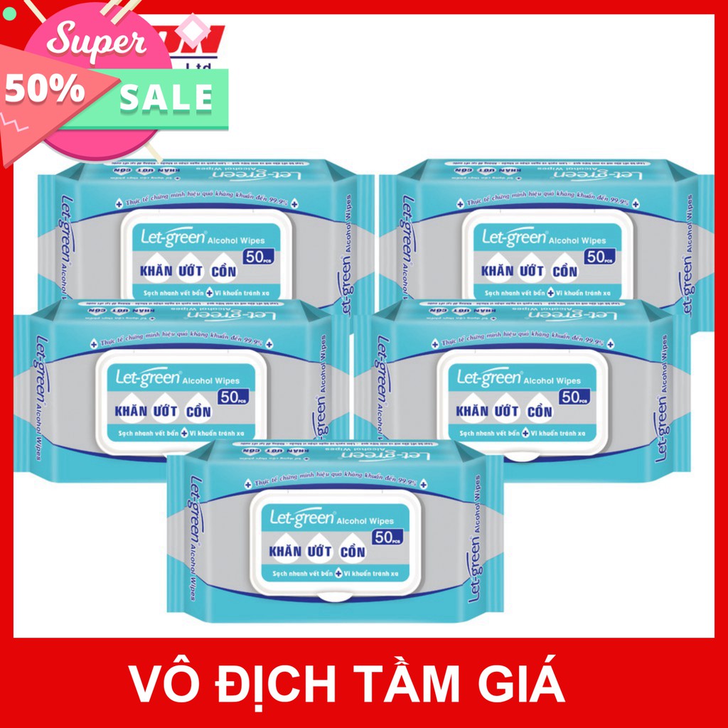 Combo 5 Gói Khăn Ướt Cồn Let-green (50 Tờ x 5) diệt khuẩn 99,99%.