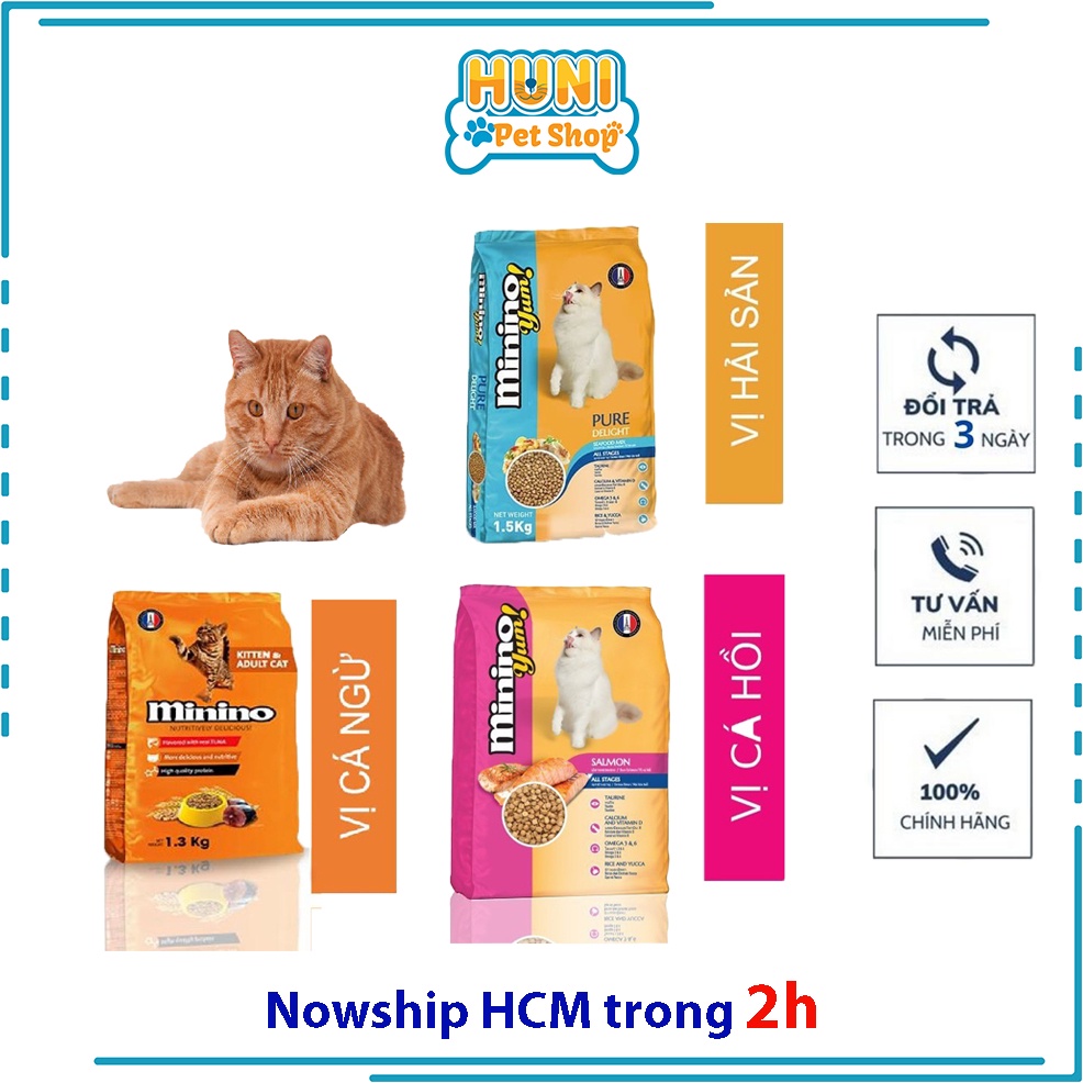 Thức ăn cho mèo Minino Yum hạt cho mèo mọi lứa tuổi gói 1.5 kg đồ ăn cho mèo vị cá hồi, hải sản thơm ngon - Huni Petshop