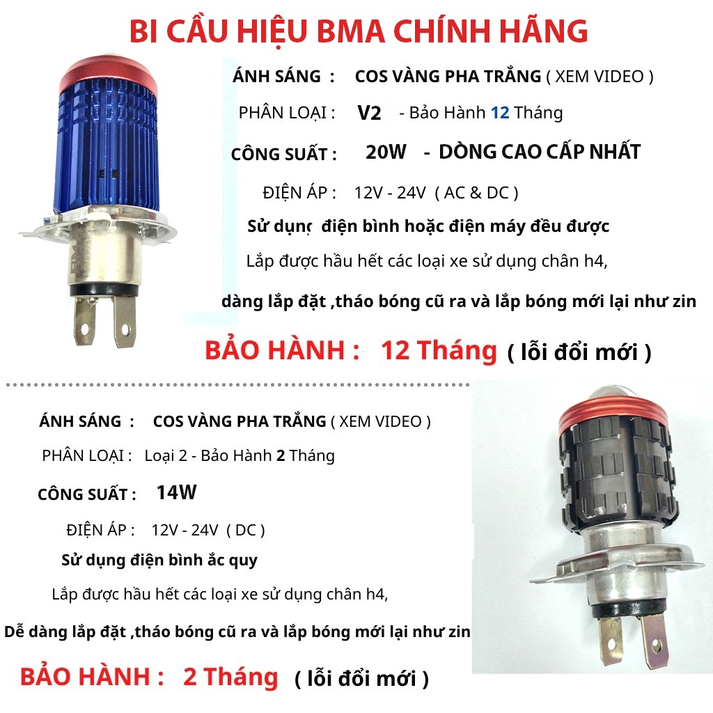 Đèn Led Xe Máy Bi Cầu H4 Mini Siêu Sáng Xe Wave Và Nhiều Dòng Xe Khác Cos Vàng Pha Trắng