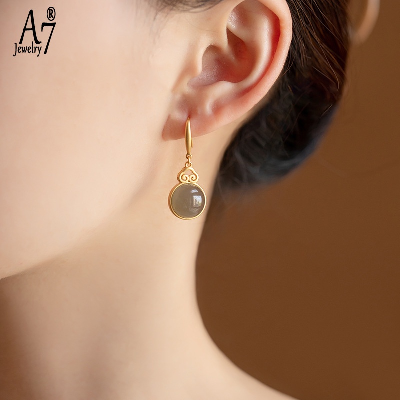 Bông Tai Bạc A7 Đính Ngọc Bích Phong Cách Trung Hoa Cổ Điển