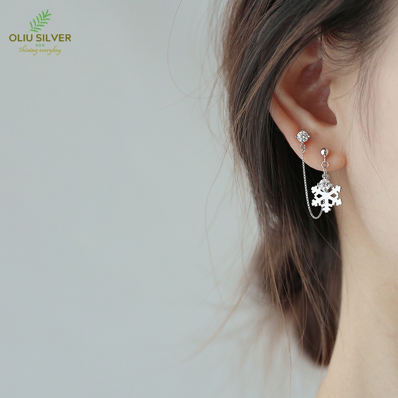 Bông Tai Bạc S925 Hoa Tuyết Hai Lỗ Xỏ Đính Đá Zircon Trẻ Trung Cá Tính | Khuyên Tai Nữ Trang Sức Bạc Thời Trang