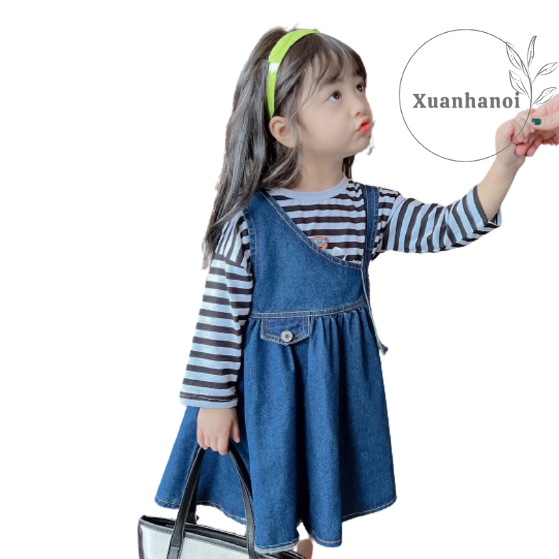 Set Váy bé gái yếm bò kèm áo thun kẻ XHN1074