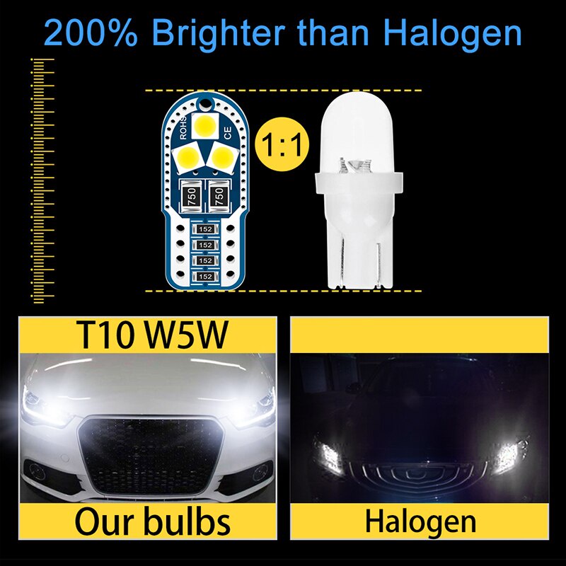 Set 10 Đèn Led T10 W5W 168 194 6000K Ánh Sáng Trắng Dành Cho Ô Tô