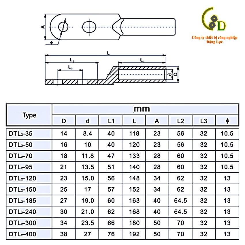 Đầu cos đồng nhôm 2 lỗ DTL 1cái, cốt sử lý hợp kim, cosse bấm nối dây điện 25mm đến 95mm
