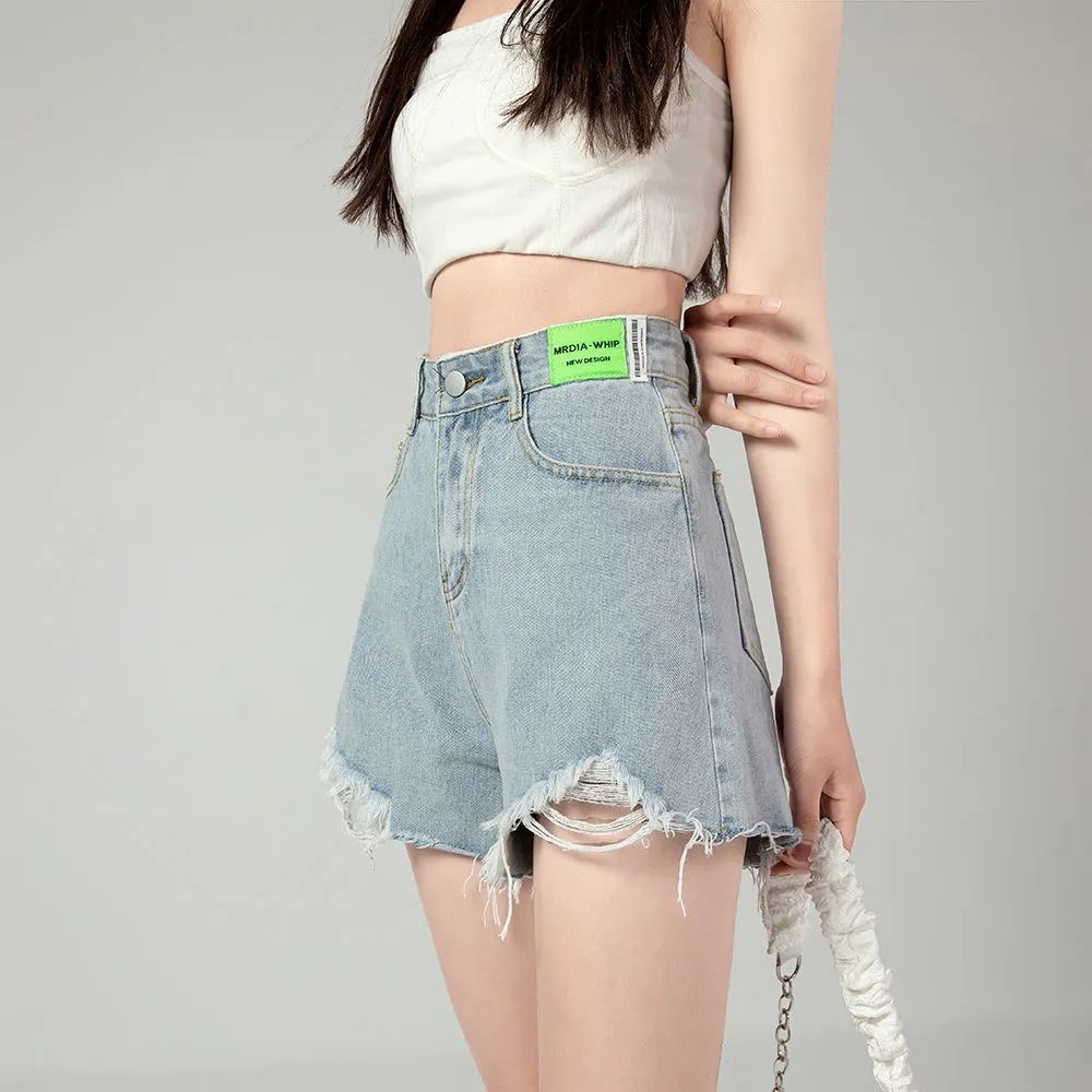 Quần Short Denim Đen Dáng Chữ A Ống Rộng Lưng Cao Phối Rách Thời Trang Mùa Hè 2022 Cho Nữ