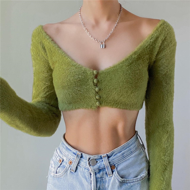 DUNEA Áo cardigan tay dài cổ chữ V phối nút thời trang quyến rũ cho nữ