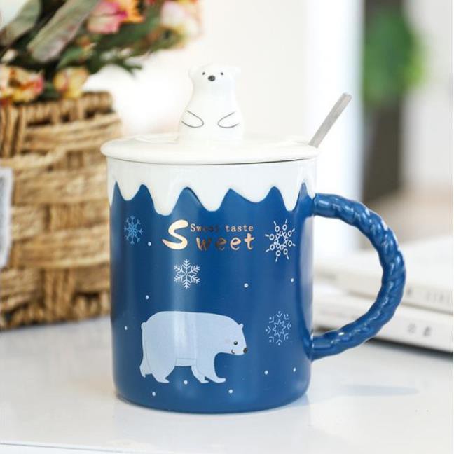 Ly Cốc Sứ Hình Gấu Trắng Nắp Nổi 400ML- Ly Cốc Văn Phòng, Học Sinh, Quà Tặng Bạn Bè cao cấp