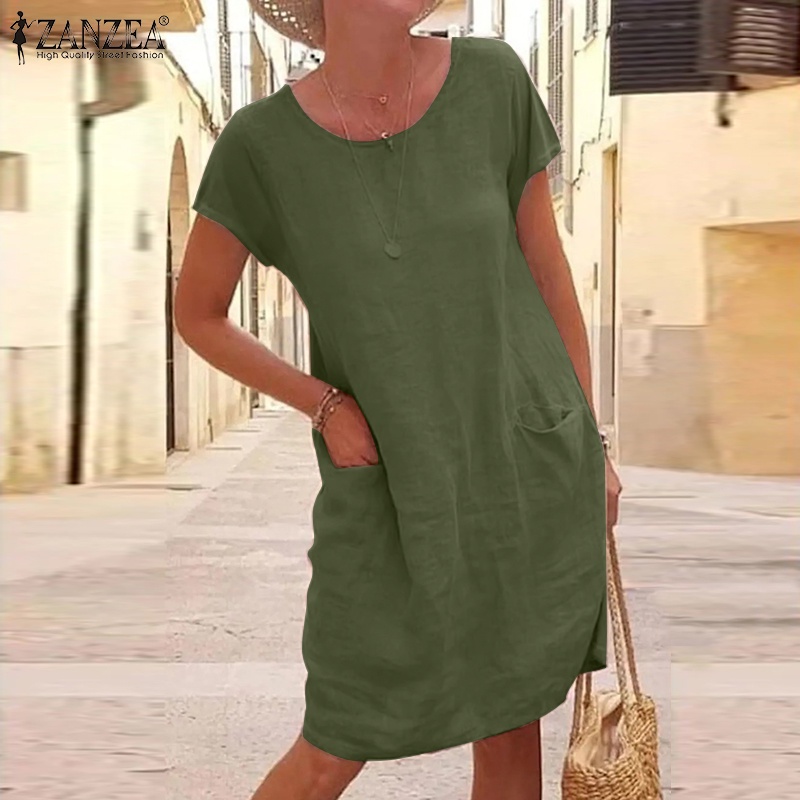 Đầm midi ZANZEA bằng cotton ngắn tay cổ tròn màu trơn thời trang cho nữ