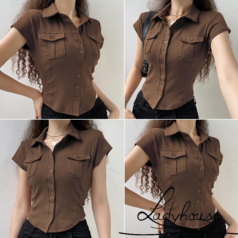 Áo Thun Ngắn Tay Ôm Dáng Màu Trơn Có Túi Dành Cho Nữ