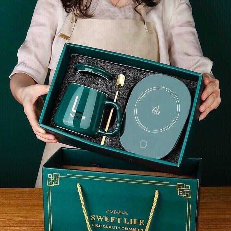 Cốc Hâm Nóng Đồ Uống Kèm Đế Giữ Nhiệt_ Bộ Ly Sứ Lucky Kèm Đế Điện Hâm