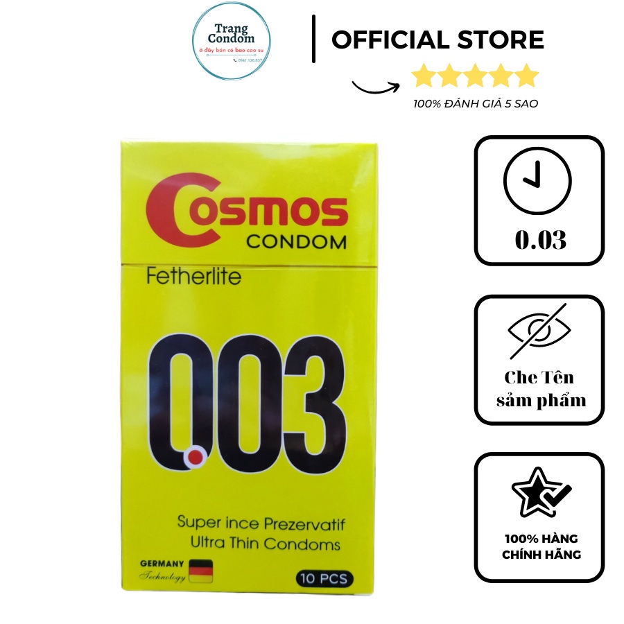 Bao cao su COSMOS Fetherlite 0.03 màu Vàng, Hộp 10 cái, siêu siêu mỏng ôm sát, nhiều Gel bôi trơn, hương thơm khuyến rũ