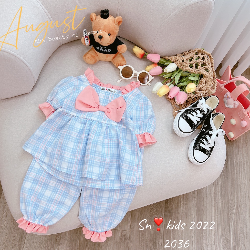 Bộ đồ dài tay phối cổ riềm đính nơ cho bé gái cực dễ thương 8-20kg