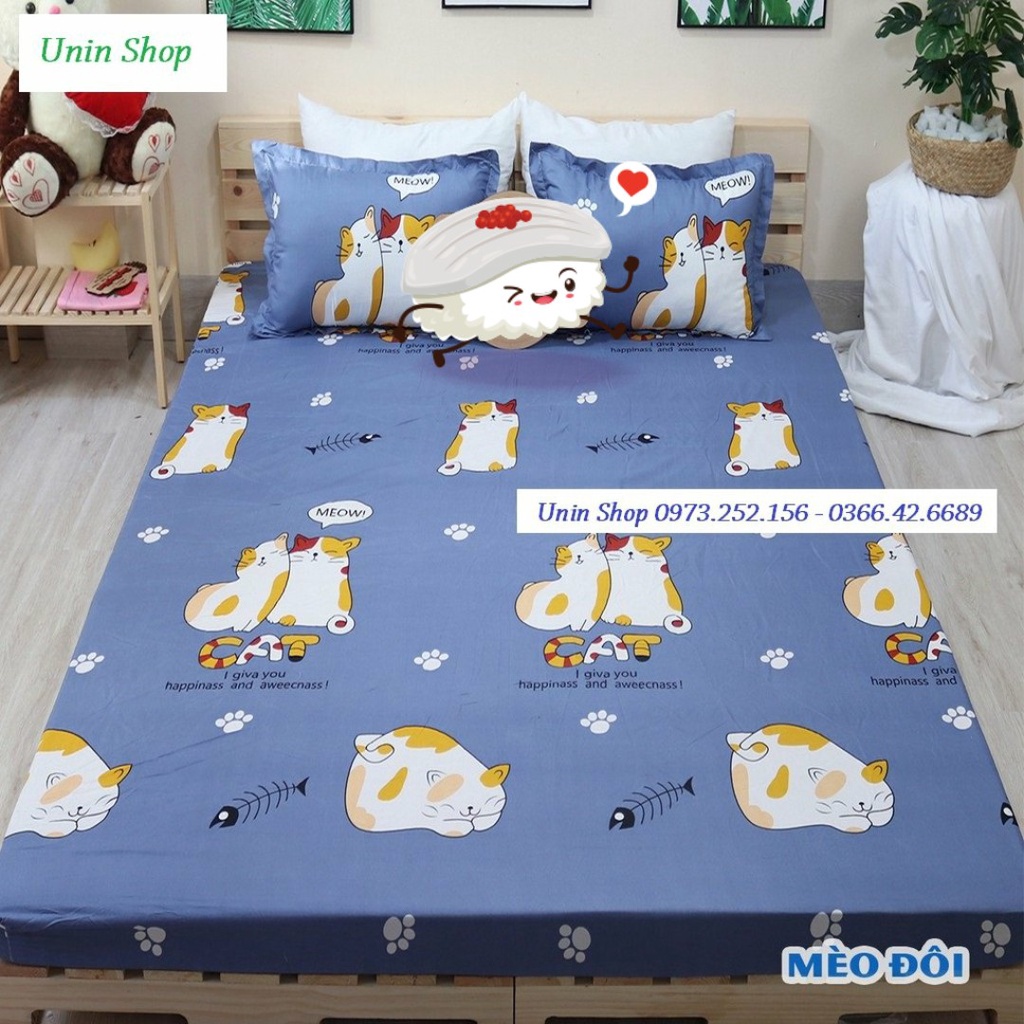 (Rẻ vô địch) Bộ 3 món ga kèm 2 áo gối m6/m8/2m2, drap bo chun bọc nệm mẫu Bò Sữa Xanh poly cotton