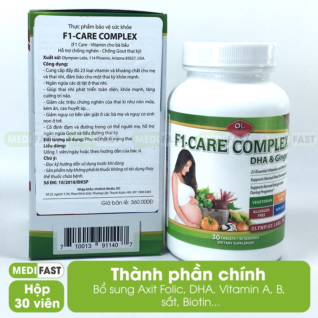 F1 Care Complex Vitamin tổng hợp cho bà bầu từ Olympian Labs Mỹ bổ sung Axit Folic, DHA, Vitamin A, B, sắt, Biotin