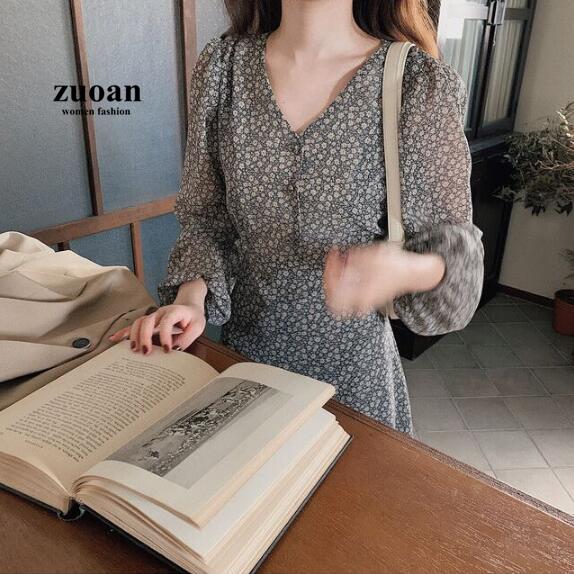 SUXI Floral V-neck Waist Slim Women's Long Sleeve Midi Dress