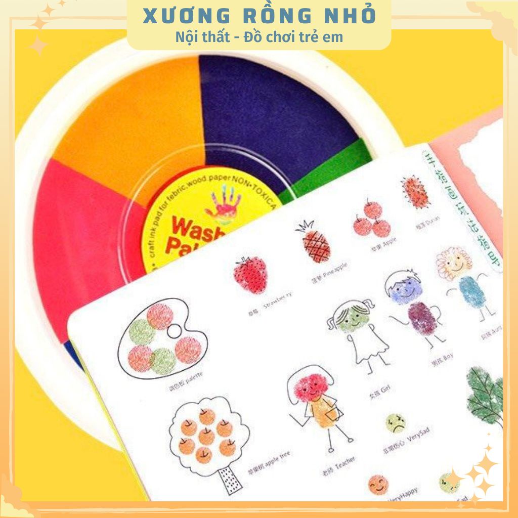 Màu chơi dấu vân tay loại to 12 màu kèm sách hướng dẫn COMBO Washable Paint Pad + Finger Painting Book