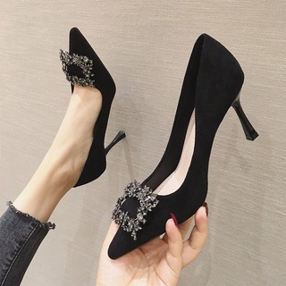 Giày Cao Gót Nữ2021Năm Mới Mùa Xuân Và Mùa Thu Pháp Da Lộn Giày Nữ Rhinestone Khóa Chỉ Với Đôi Giày Màu Đen P1ta